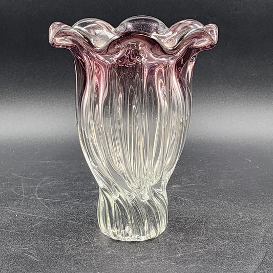 Shannon Crystal Designs of Ireland Hand Blown Glass Amethyst Vase Scalloped 9.5"