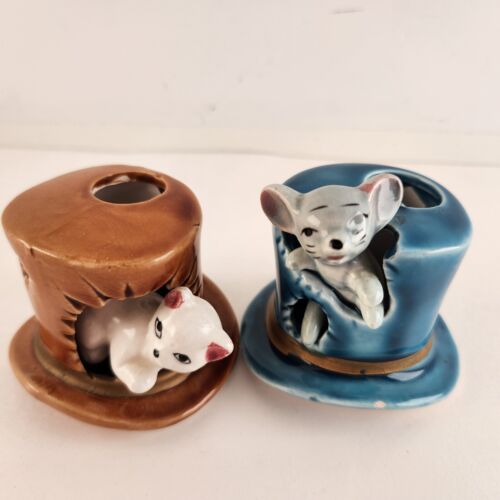 Ceramic Toothpick Holders Gray Mouse White Cat in Blue and Brown Top Hats