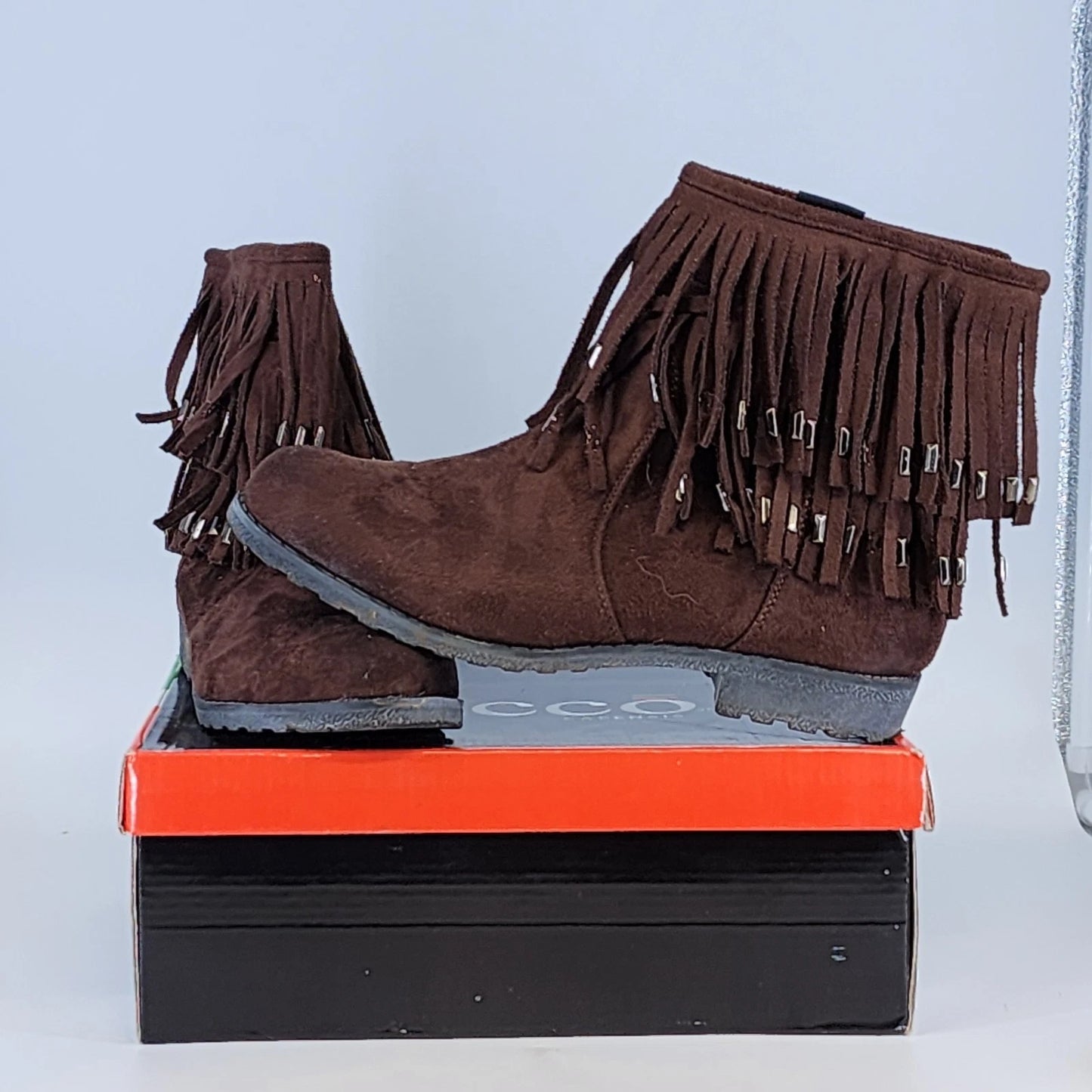 Bucco Capensis Fawn Ankle Boots Brown Faux Suede Studded Fringe Women 8.5