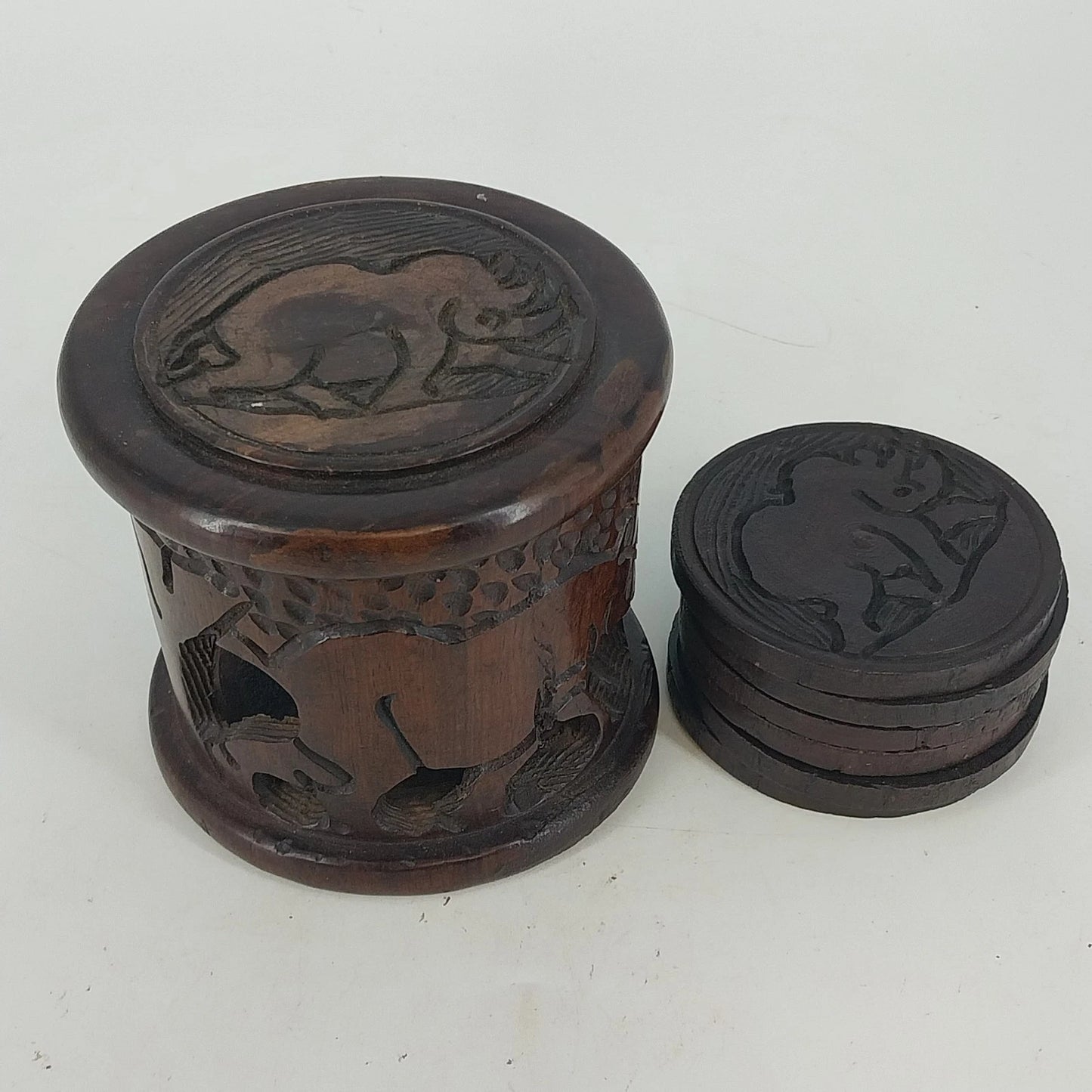 Hand Carved Wood Elephant Coaster Storage & Lid Set African Safari Barware Vtg