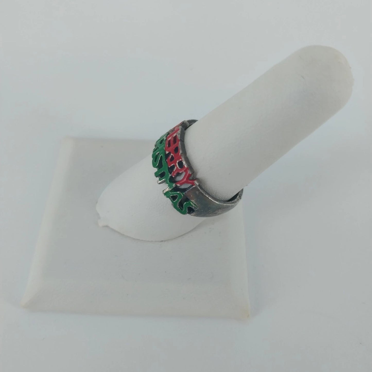 Merry Christmas Enamel Ring Red Green Silver Tone Band Size 9 Vintage Holiday