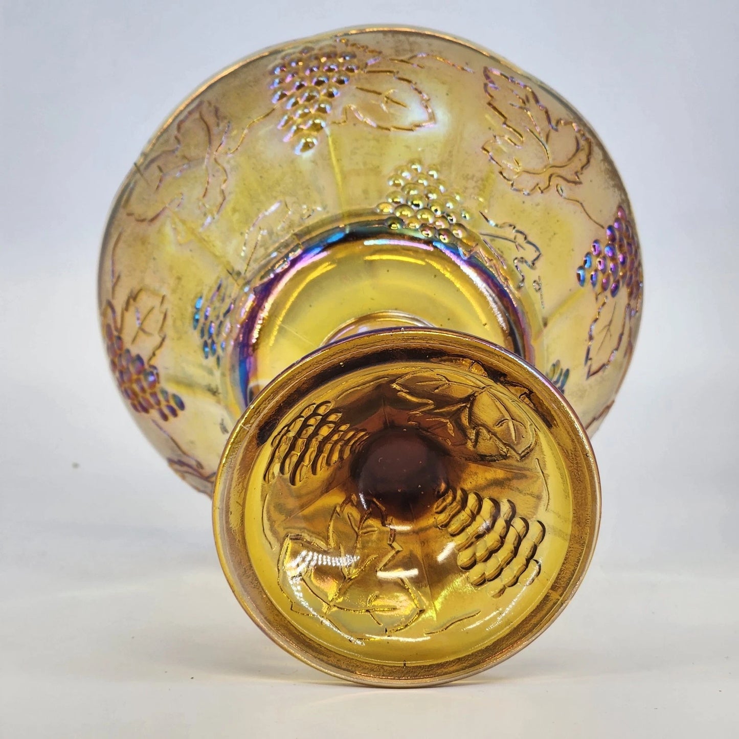 Indiana Glass Harvest Grape Compote Marigold Carnival Pedestal Bowl 8.5" Vintage