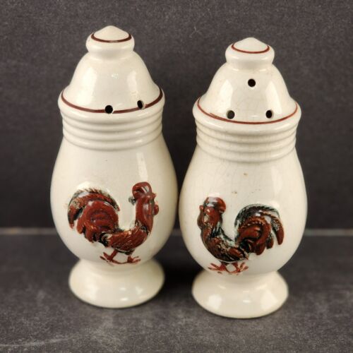 Rooster Chicken Salt & Pepper Shakers VG Pottery 4.5" Tall Vintage No Stoppers