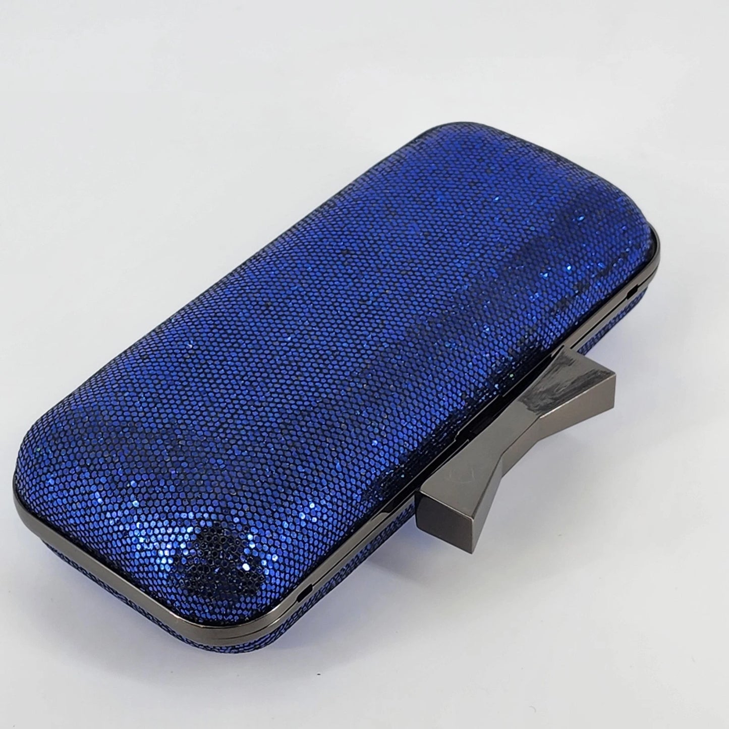 Blue Sparkle Bow Hard Shell Clutch Crossbody Purse Gunmetal Chain Strap 7"