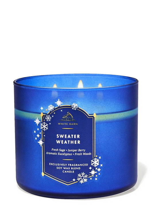 Sweater Weather 3 Wick Candle White Barn BBW 14.5 oz LG Holiday Winter Scent