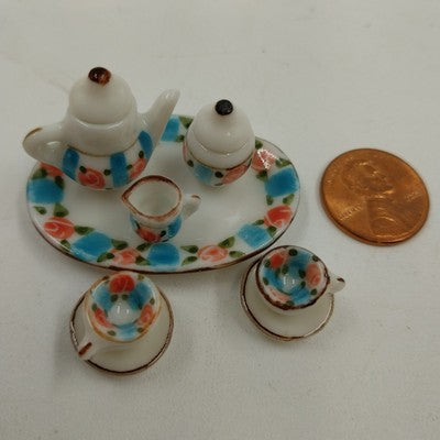 10 Pc Dollhouse Miniature Porcelain Tea Set Vintage Roses Floral Toy Decor 1.75"