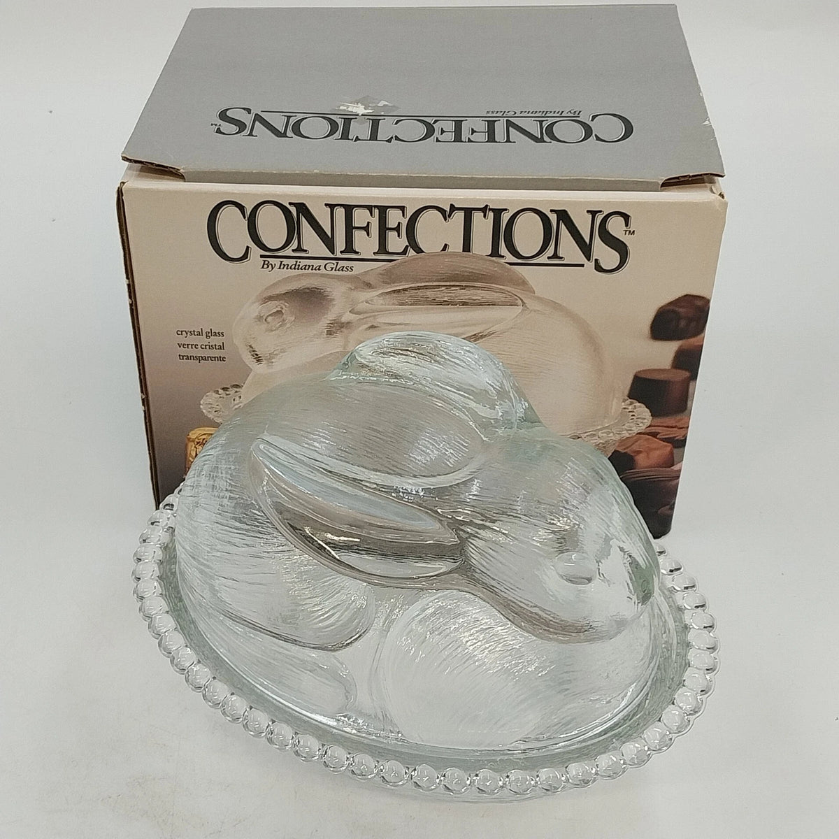 Indiana Glass Confections Bunny on Nest Candy Dish Clear Crystal w Lid USA Vtg