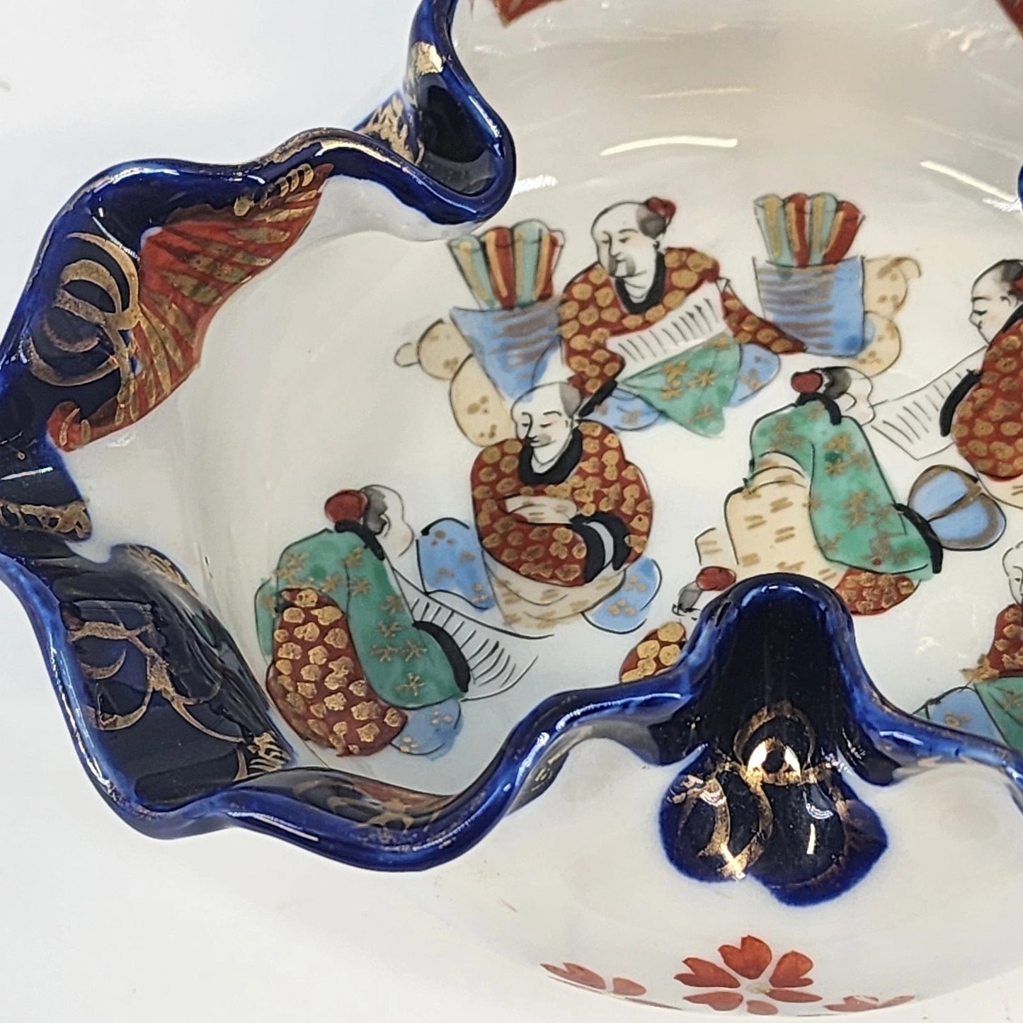 Japanese Imari Porcelain Ruffled Bowl 6" Cobalt Blue & Gold Gilt Floral Vintage