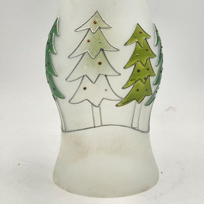 Glass Hurricane Candle Chimney 13"x6" Frosted w Hand Painted Christmas Pine Tree