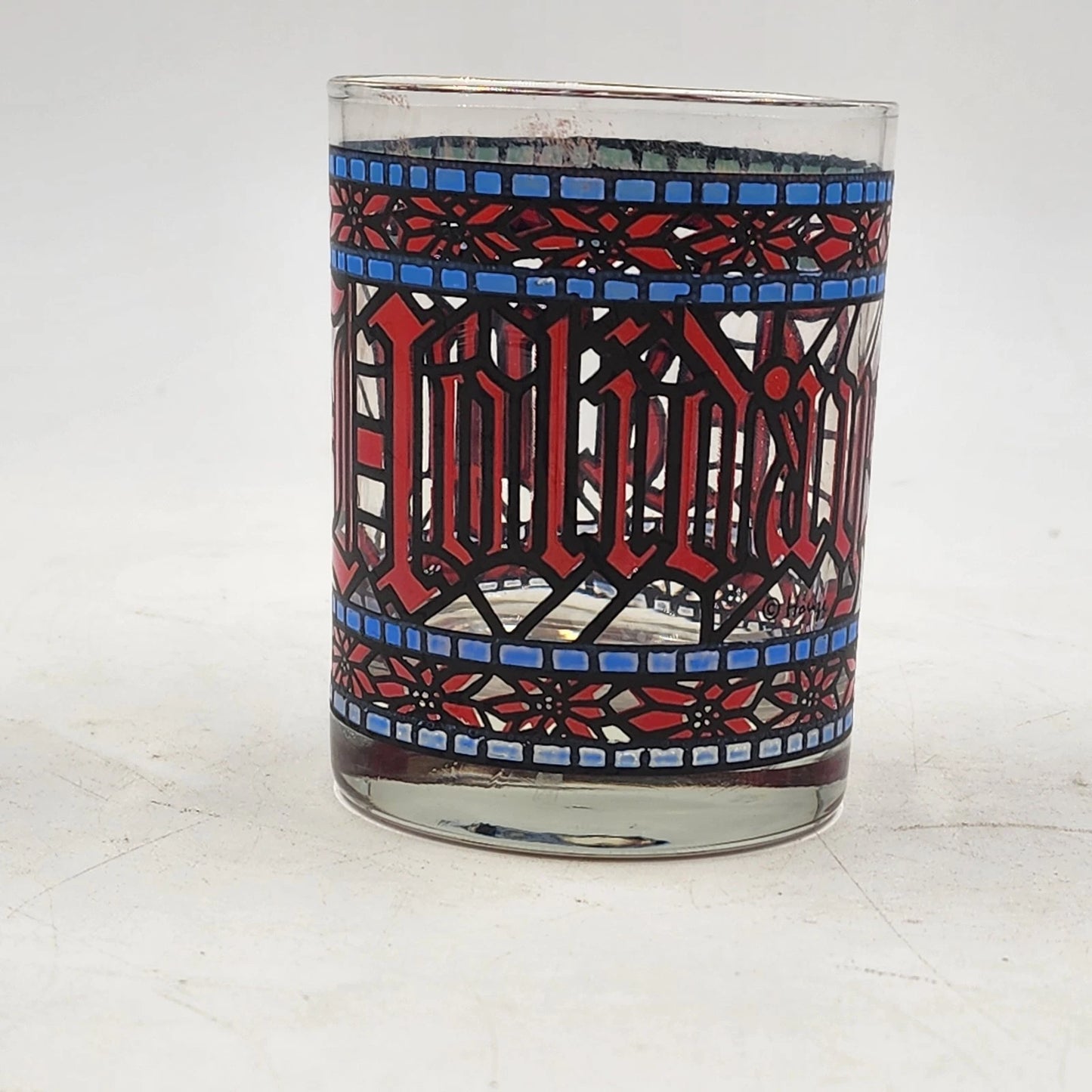 3 Houze Happy Holidays Old Fashioned Stained Glass 3.25"d x 4"h MCM Barware