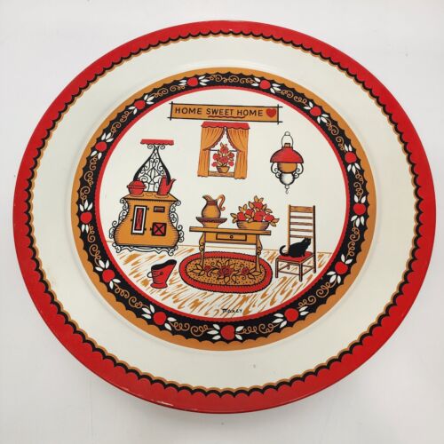 Maxey Folk Art Metal Tray Home Sweet Home Red Orange Vintage 1950s Hearth 19"