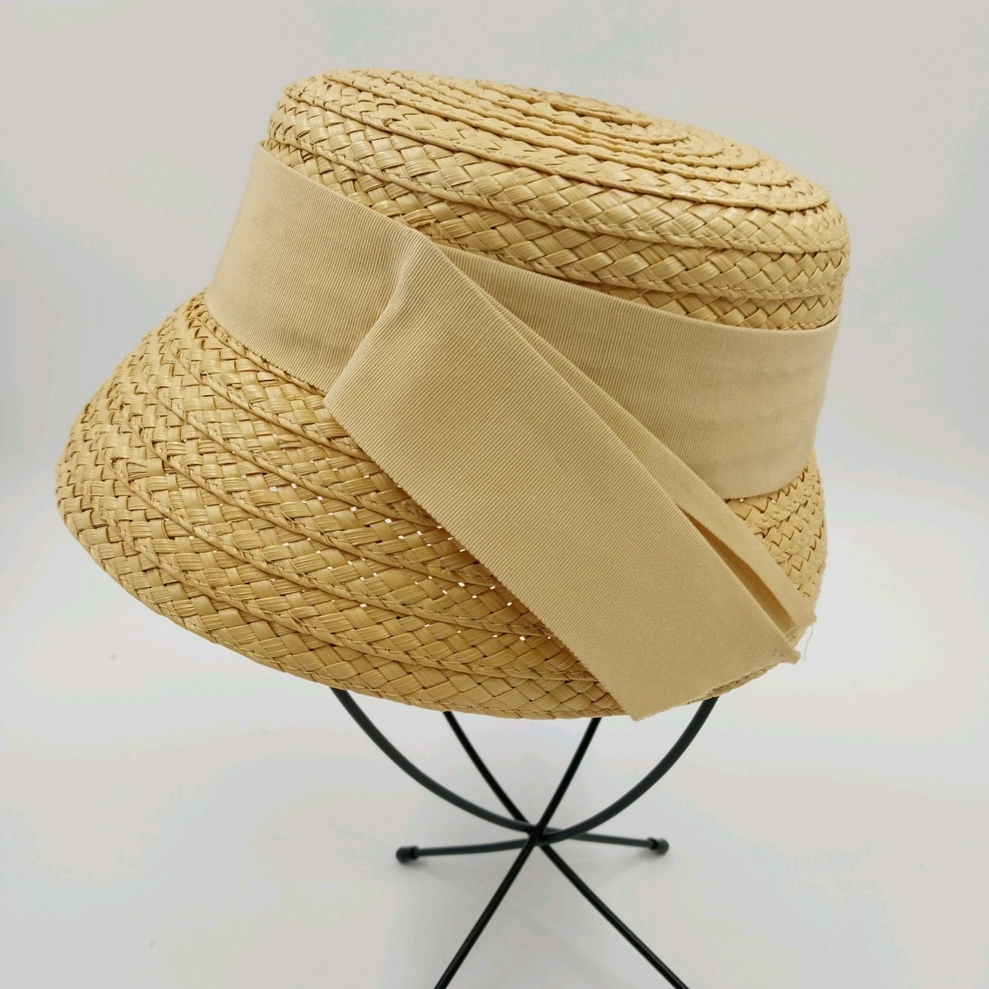 Rike's Natural Straw Summer Sun Bucket Hat Crochet with Natural Lined Ribbon Bow