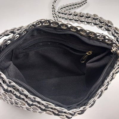 Unique Clutch Purse Shoulder Bag Pop-Top Aluminum Can Tabs Silver Zipper Bag 8"
