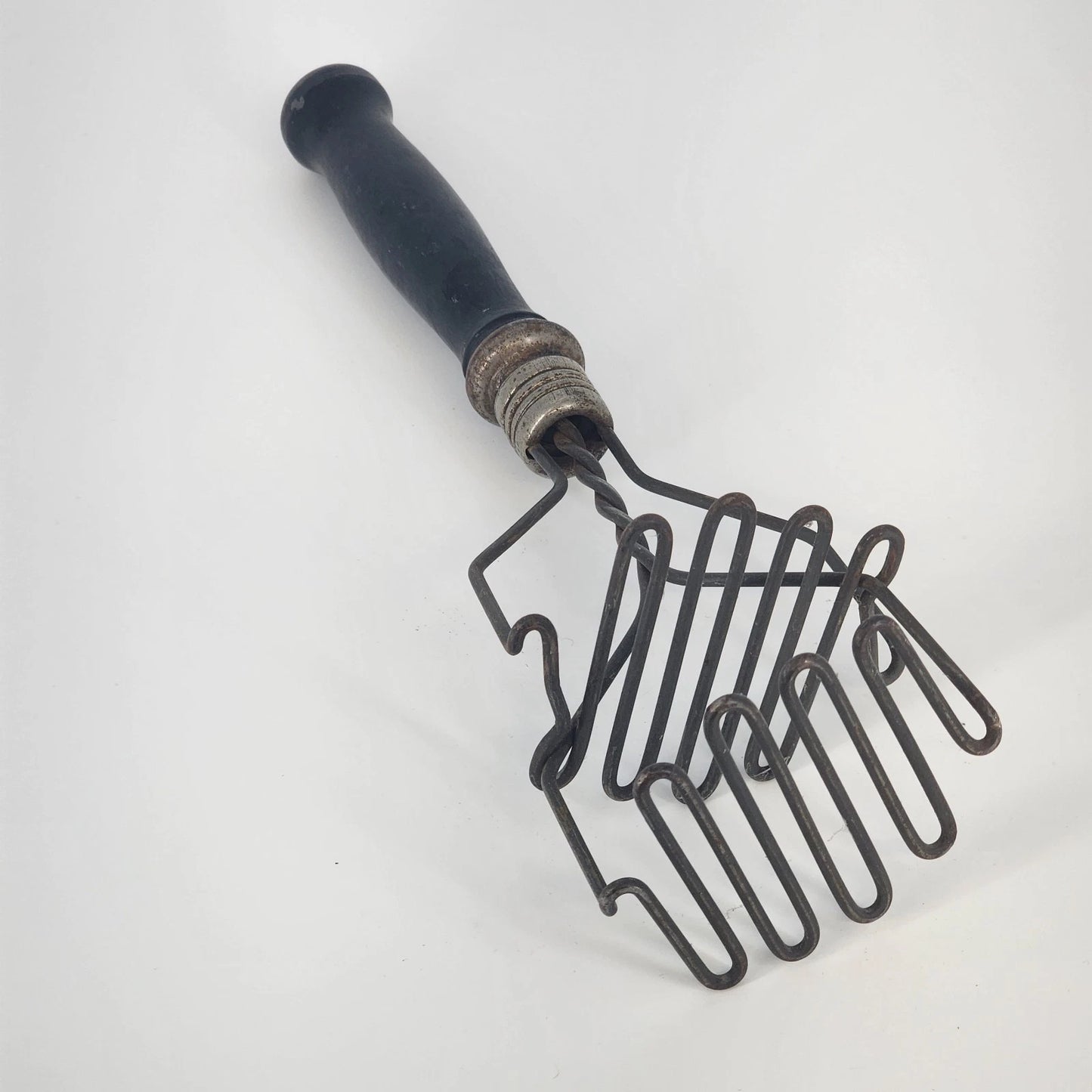 Double Wire Potato Masher Black Wood Handle Spring Action Twisted Wire Vintage