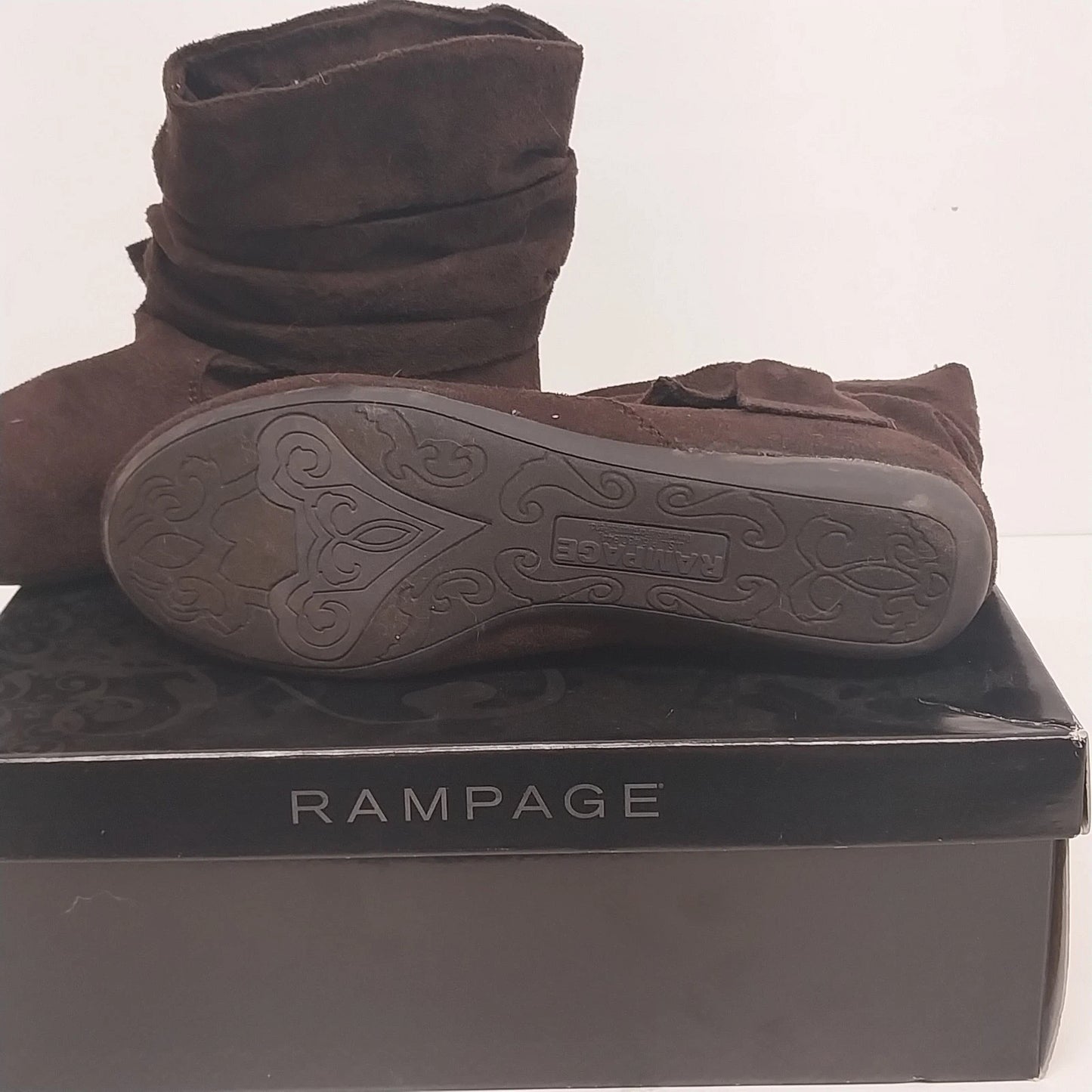 Rampage Beckett Brown Faux Suede Ankle Boots Shoe Womens 7.5 Bow Slouchy China