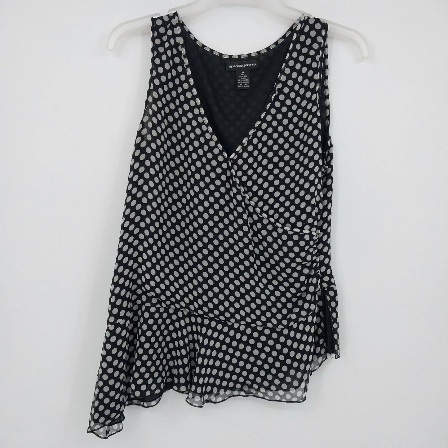 Spenser Jeremy Silk Polka Dot Wrap Front Blouse Womens M Sleeveless Ruffle Hem