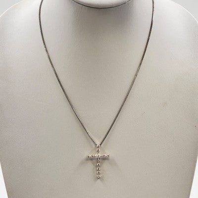 Silver Tone Box Chain with Crystal Clear Rhinestone Cross Pendant 11.5" Necklace