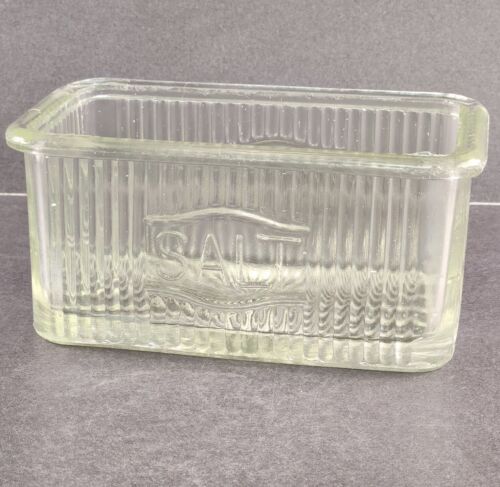 Hoosier Clear Glass Salt Box Ribbed Rectangle Vintage 6.75" Long No Lid