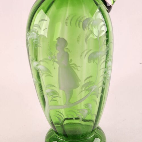 Hand Blown Green Glass Cruet 9½" Hand Painted Girl & White Foliage No Stopper