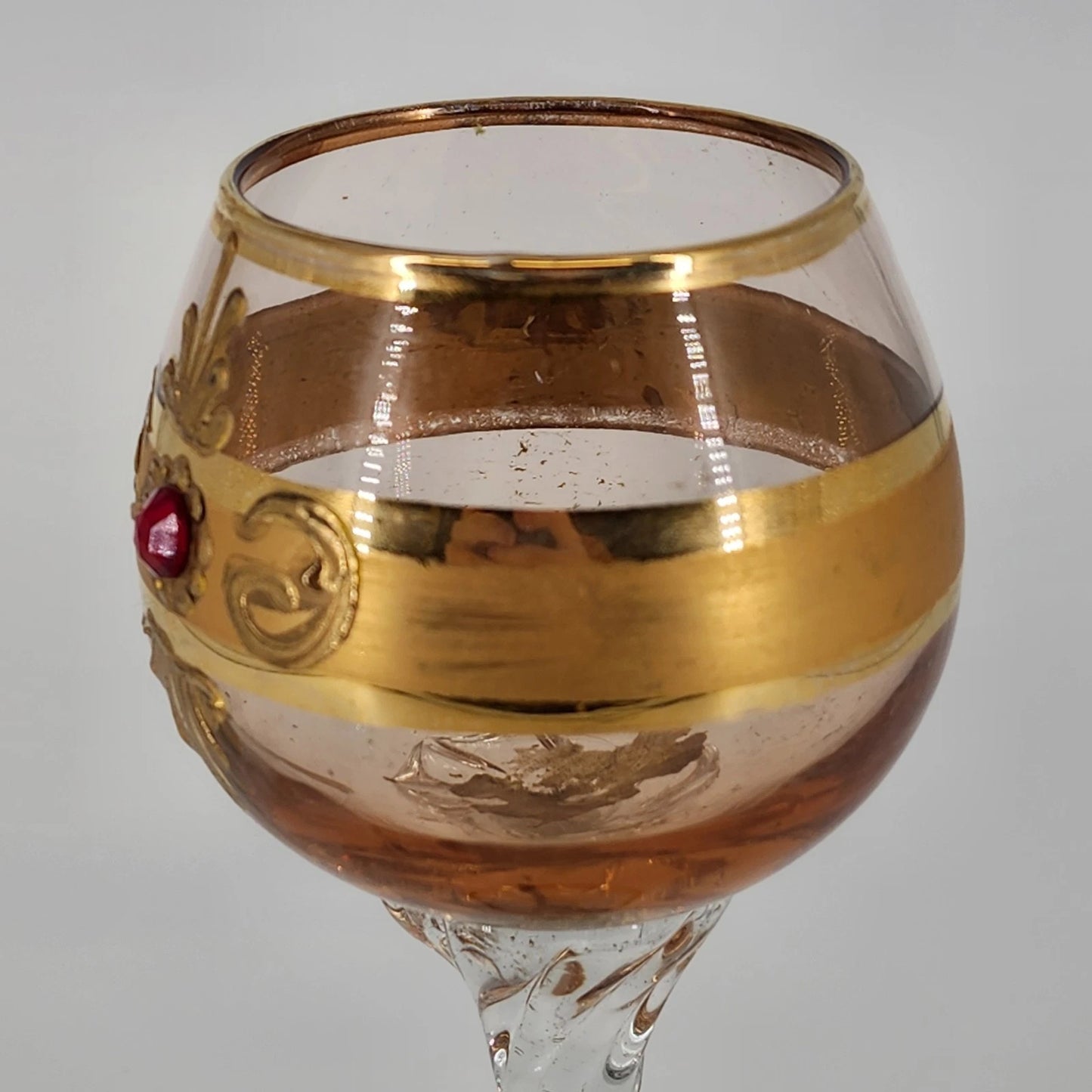 Tre Fuochi Glass Wine Goblet Murano Style Hand Blown Gold Enamel Ruby Red Jewel