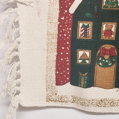 Wall Hanging Area Rug Christmas Pattern Fabric Panel Fringed Heavy Cloth 36"x20"