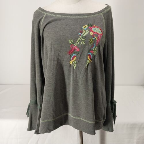 Hazel Grey Lg Sweatshirt Embroidered Bell Sleeve w/ Ties Wide Neck Floral Design