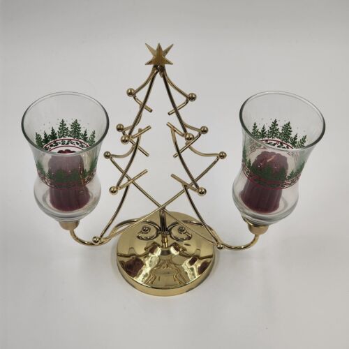 Homco Metal Christmas Tree 2 Votive Candle Holder Pine Tree Holly Berry Cups Vtg