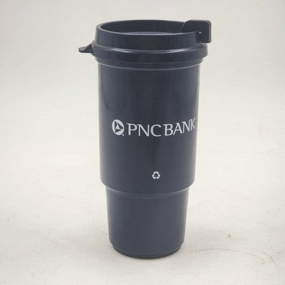PNC Bank Lidded Insulated Coffee Cup Thermos with Sip Hole Cover Navy Blue 7"
