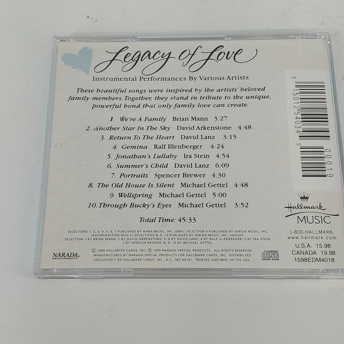 Hallmark Music Legacy of Love Family Songs Various Artists CD 1999 Narada Vtg