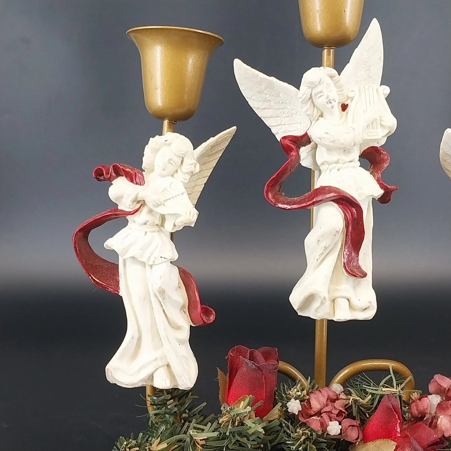 Angel Trio 3-Candle Holder Burgundy Floral Wreath Christmas Centerpiece 9"