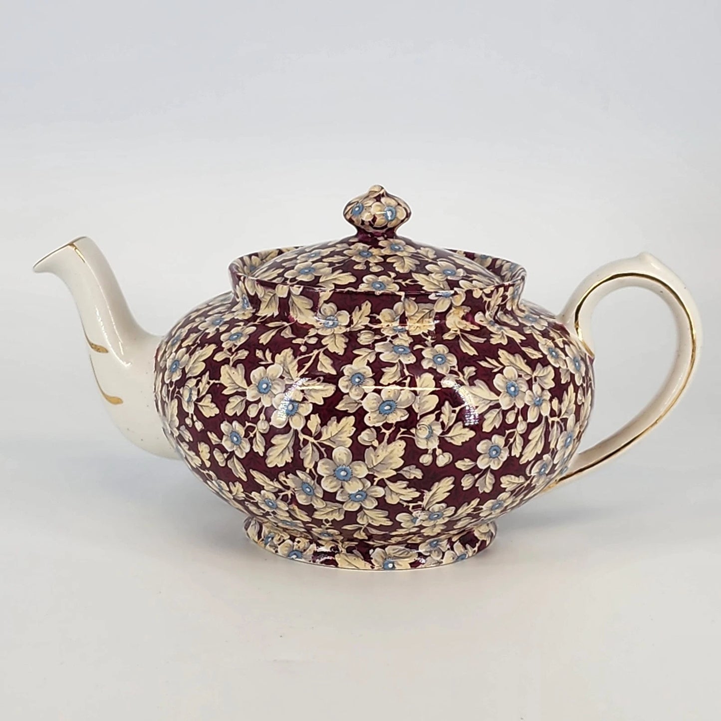 Vintage Lord Nelson Royal Brocade Chintz Teapot England Maroon Floral