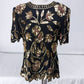 Steney Silk Top Gold Sequin Floral Leaf Short Sleeve Zipper Closure Sz L AS IS