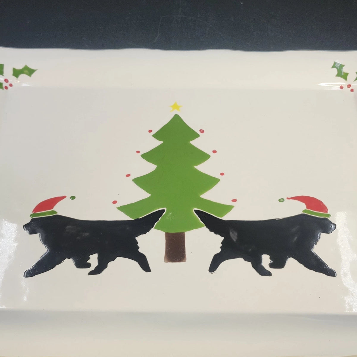 Prairie Dog Pottery Newfoundland Christmas Tree Platter 15.25" Dogs w Santa Hats