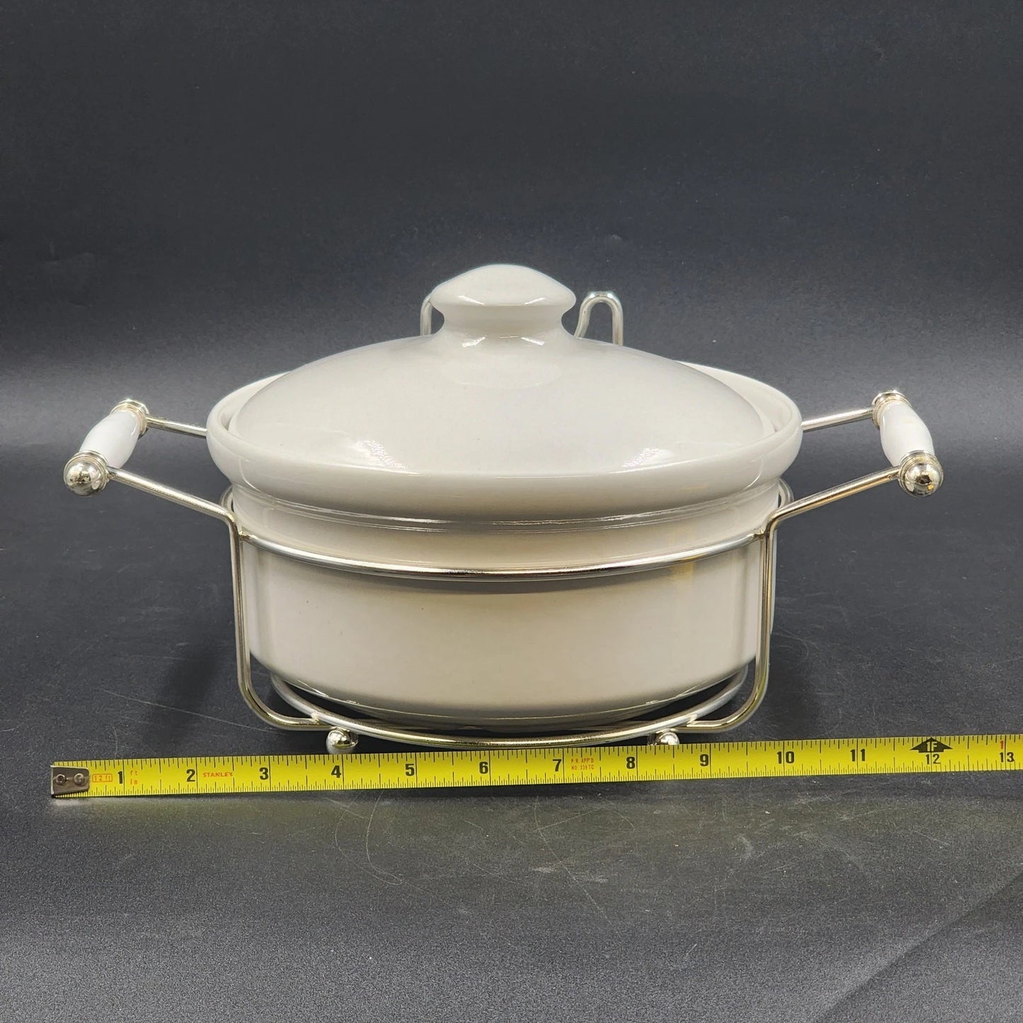 Simpson Ovenstone Casserole Dish with Lid & Silver Plated Serving Caddy 8" Vtg