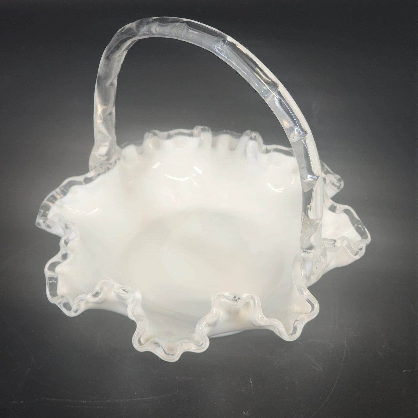 Fenton Silver Crest Milk Glass Basket Ruffled Edge Handle 8" Candy Dish