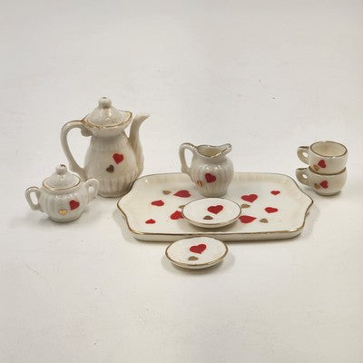10pcs Miniature Tea Set White Red Heart Chintz Decal Gold Trim 4.5"x3" Taiwan