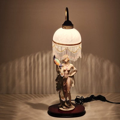 Lady Holding Peacock Table Lamp With Domed Glass Beaded Shade Art Deco Style 24"