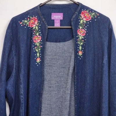 Suzanne Somers Collection Blue Jean Jacket Size 1X Embroidered Floral Rhinestone