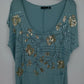 Apt. 9 Teal Gold Sequin Floral Embellished Top Women's Large Short Sleeve Blouse