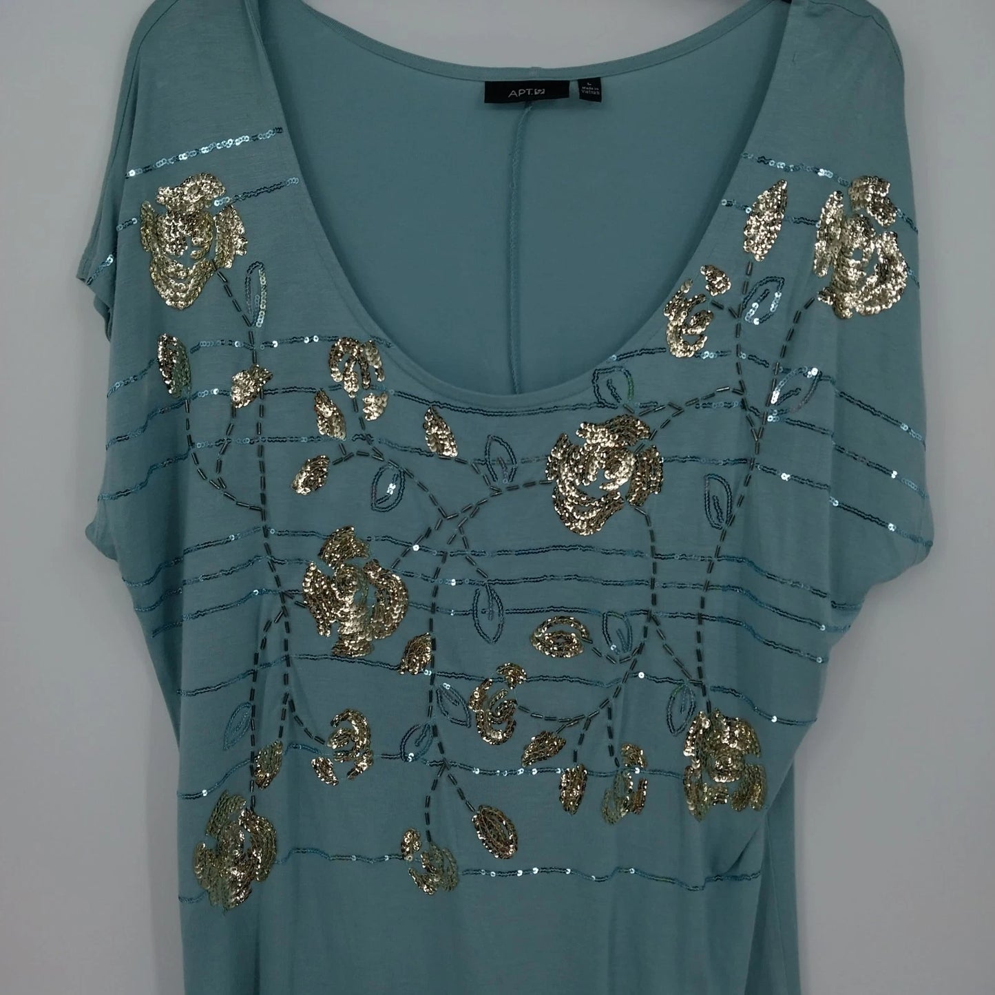 Apt. 9 Teal Gold Sequin Floral Embellished Top Women's Large Short Sleeve Blouse