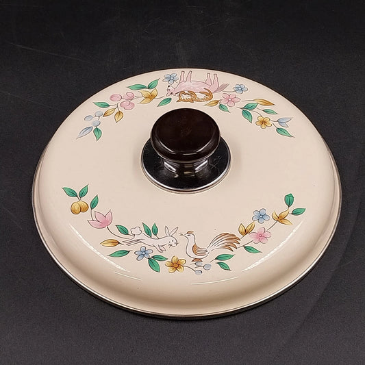 International Heartland Saucepan Lid 9"OD Enamelware Pot Cover Floral Black Knob