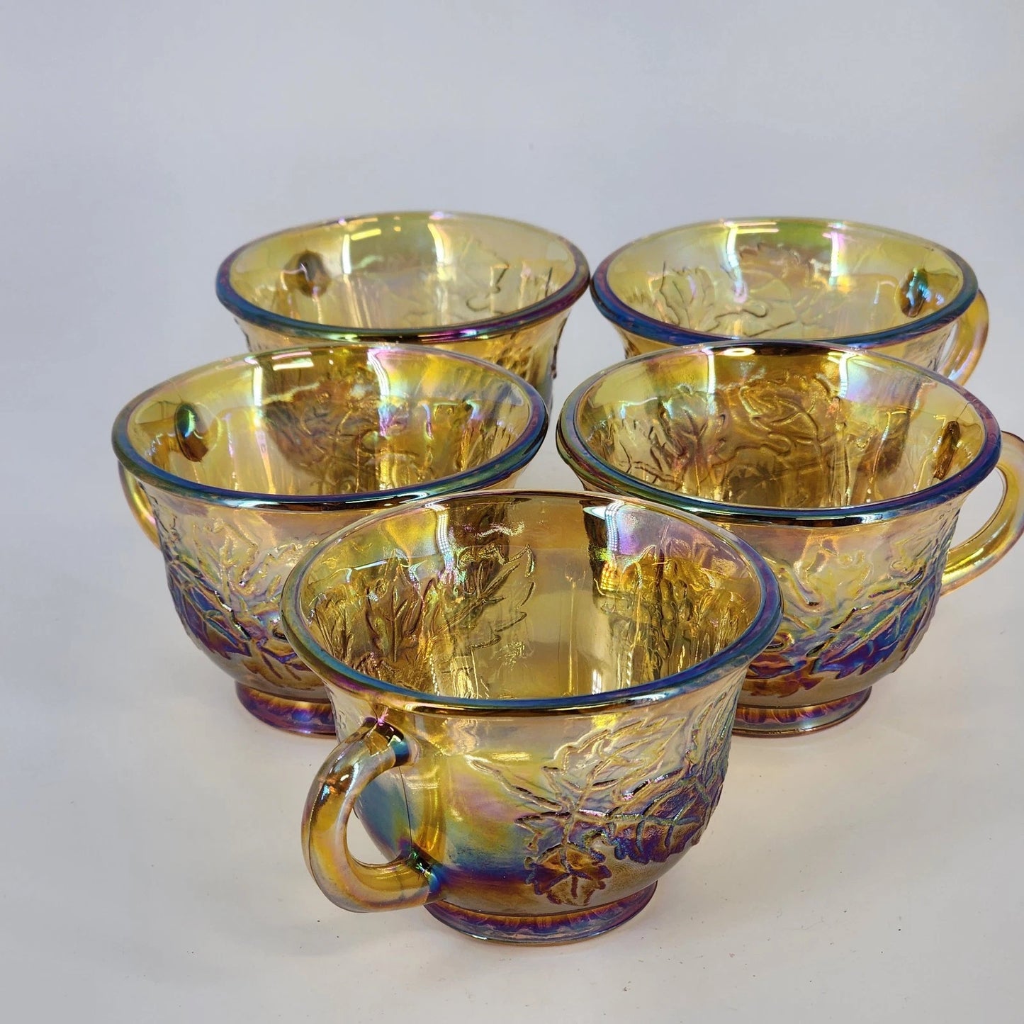 5 Harvest Grape Punch Cups Marigold Iridescent Indiana Glass Carnival Vintage