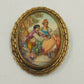 Limoges Courting Couple Romantic Theme Oval Brooch Pin Gold Plate Porcelain