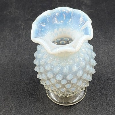 Fenton Moonstone Hobnail Clear White Opalescent Bud Vase 3.75" Ruffle Edge Vtg