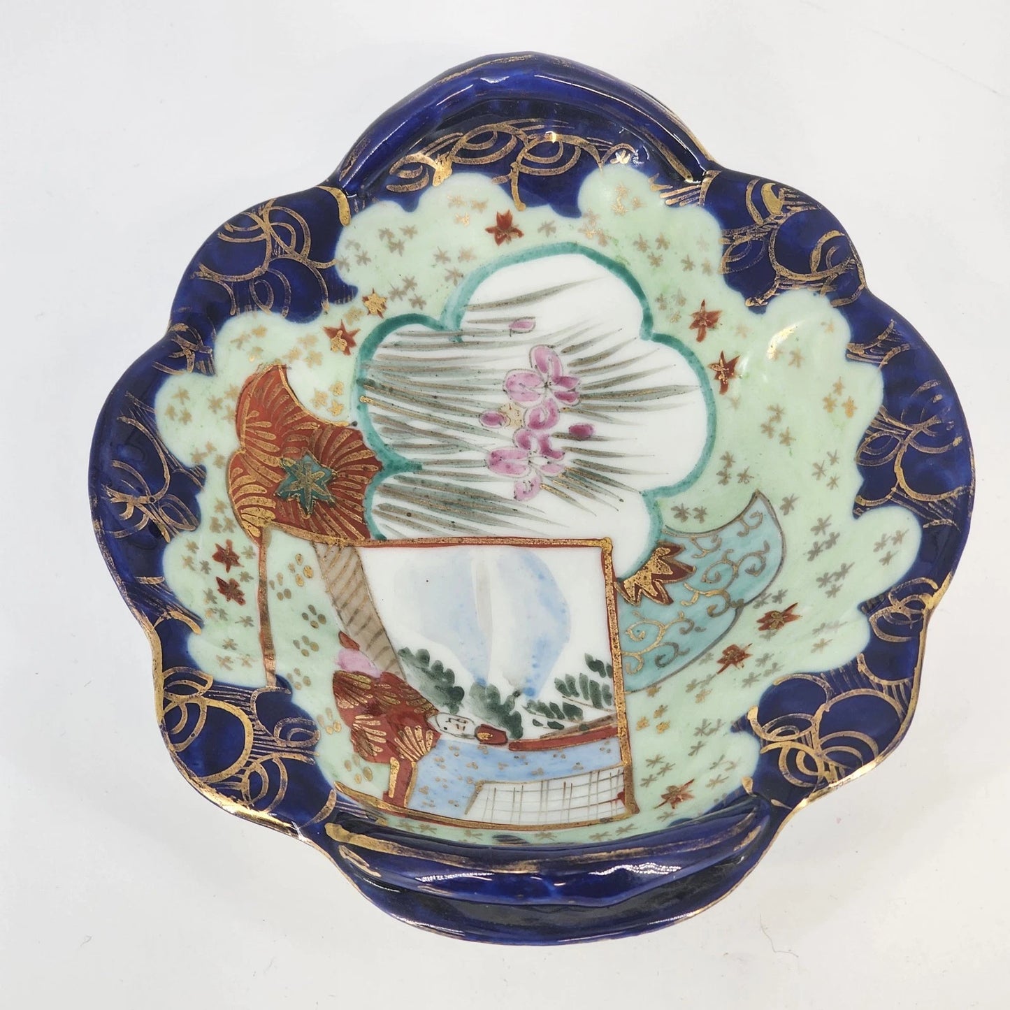 2 Japanese Porcelain Oval Dishes Hand Painted Raised Cobalt Blue Handles 8"x6.5"