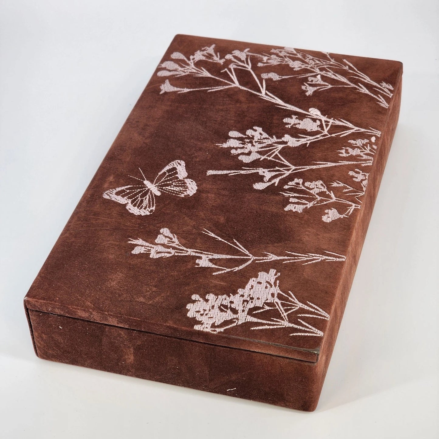 Floral Embroidered Jewelry Box Mirror Brown Fabric Case Floral Pink Felt Lining