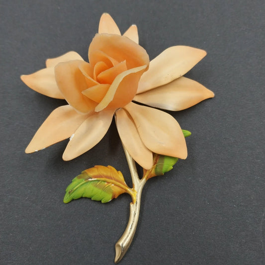 Orange Fabric Rose Brooch Gold Tone Stem Green Enamel Leaves Vintage