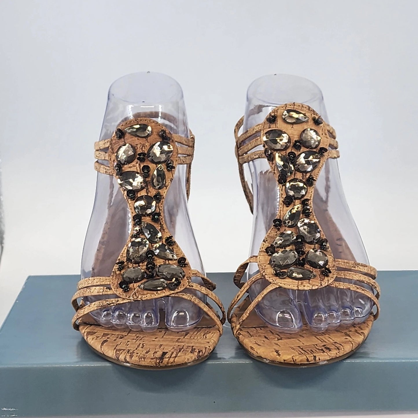 Jaclyn Smith Rimini Cork Wedge Sandals Tan Rhinestone Comfort