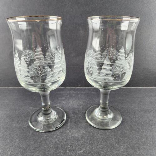 2 Arby's Stemmed Wine Glasses Winter Wonderland Tree Libby's Vintage 3" d x 7" h