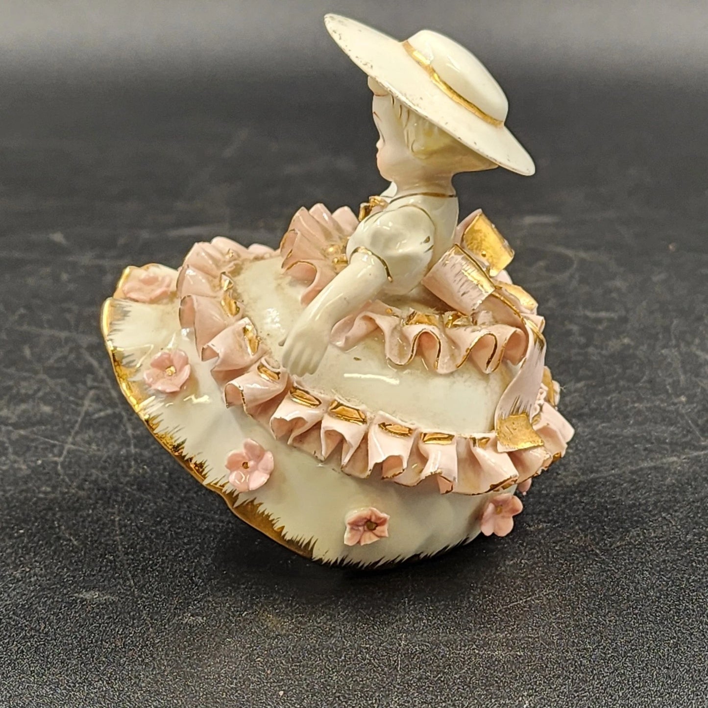 Lefton Bloomer Girl Figurine 4" Curtsy Dress Roses Gold Trim Signed Geo Z K1412